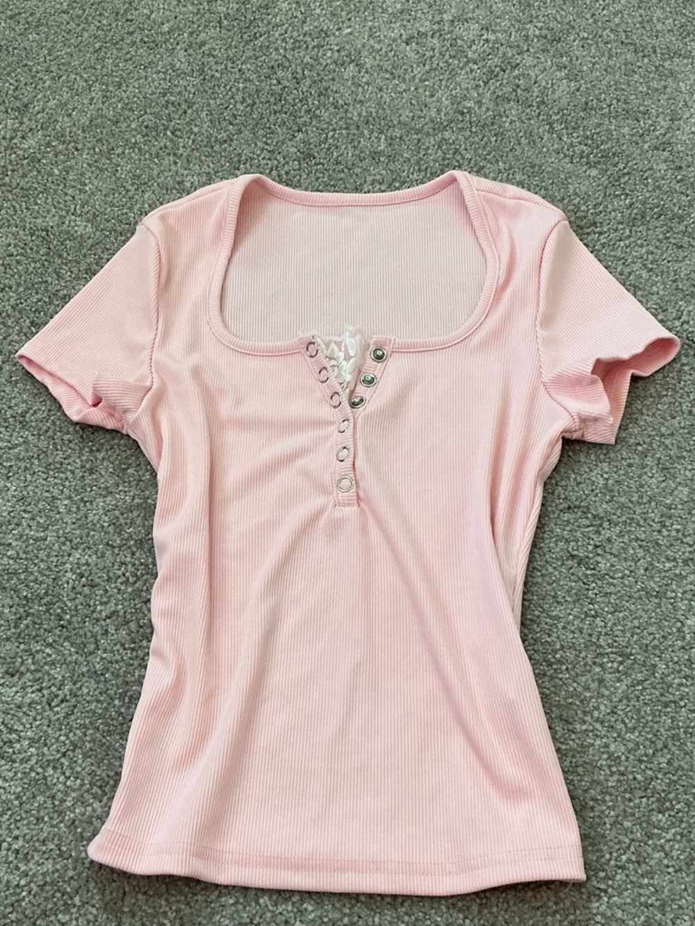 SHEIN Light Pink Ribbed Henley Short Sleeve Tee